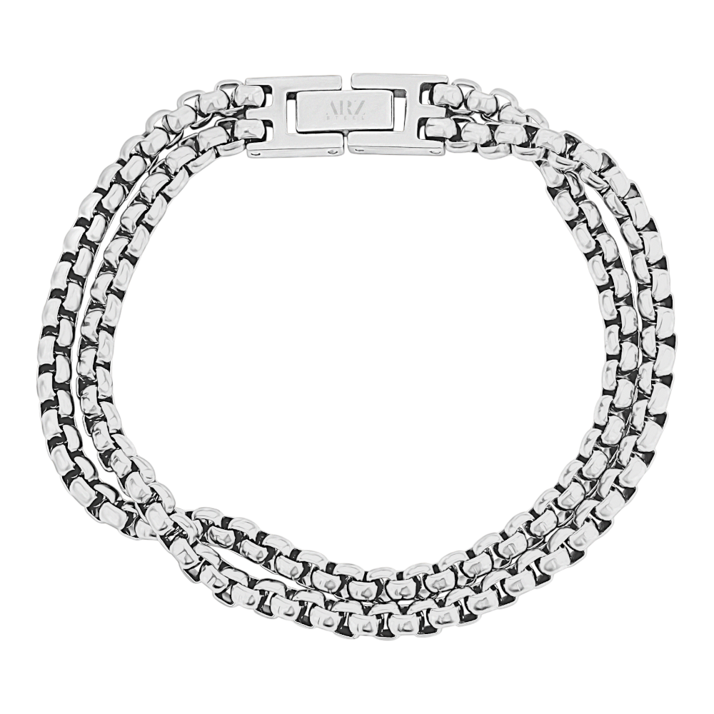 ARZ Steel double row round box link bracelet showcasing polished metal links and elegant design.
