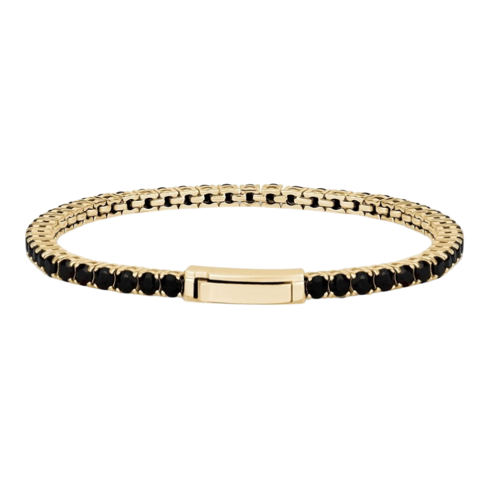 ARZ Steel 3mm gold steel tennis bracelet with black cubic zirconia stones, sleek and stylish jewelry accessory.