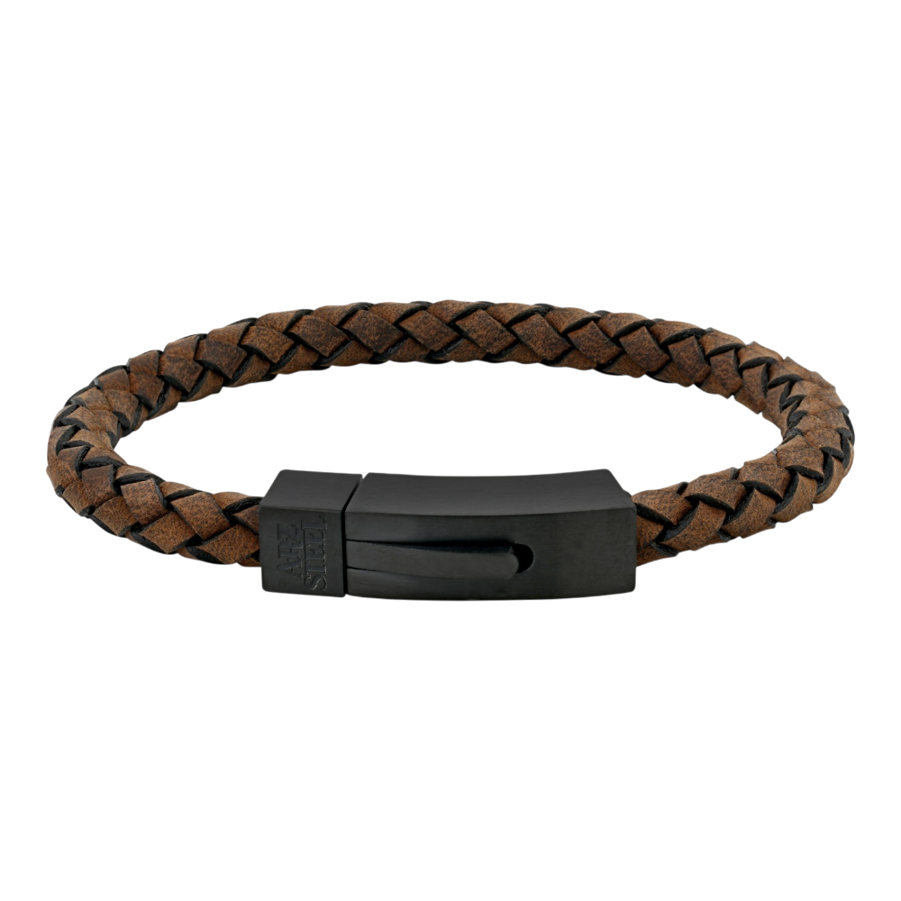 Brown leather bracelet with a silver clasp from ARZ Steel, featuring a sleek and stylish design.