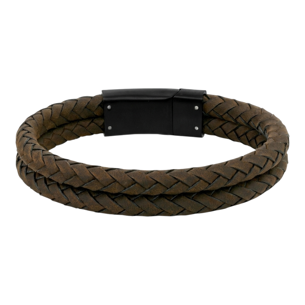 ARZ Steel double row brown leather bracelet with metal accents, stylish accessory for men or women.
