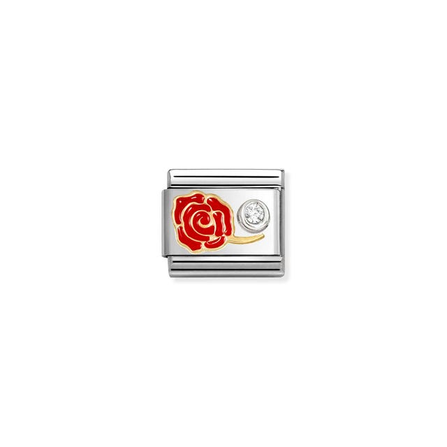 Nomination Composable red rose jewelry piece with yellow gold and CZ accents, showcasing detailed craftsmanship and vibrant color.