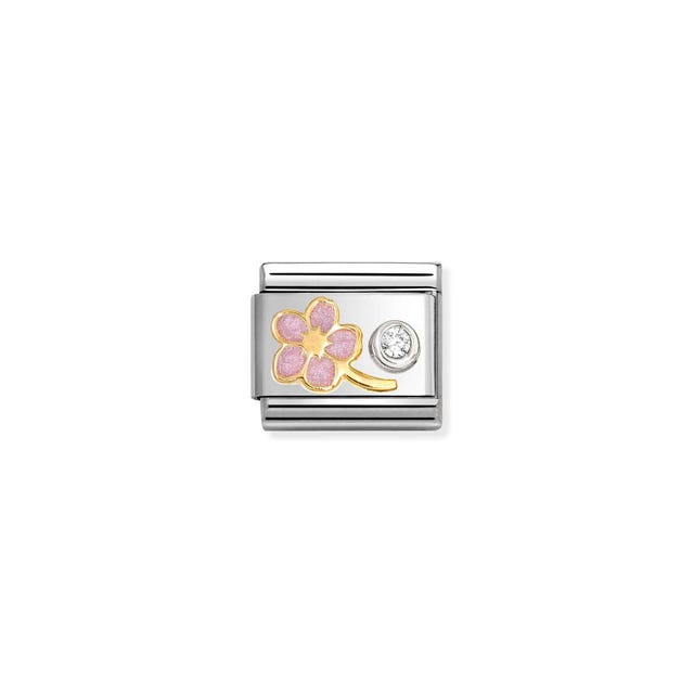 Nomination Composable pink flower charm with yellow gold and CZ accents, featuring a symbol design on a jewelry piece.