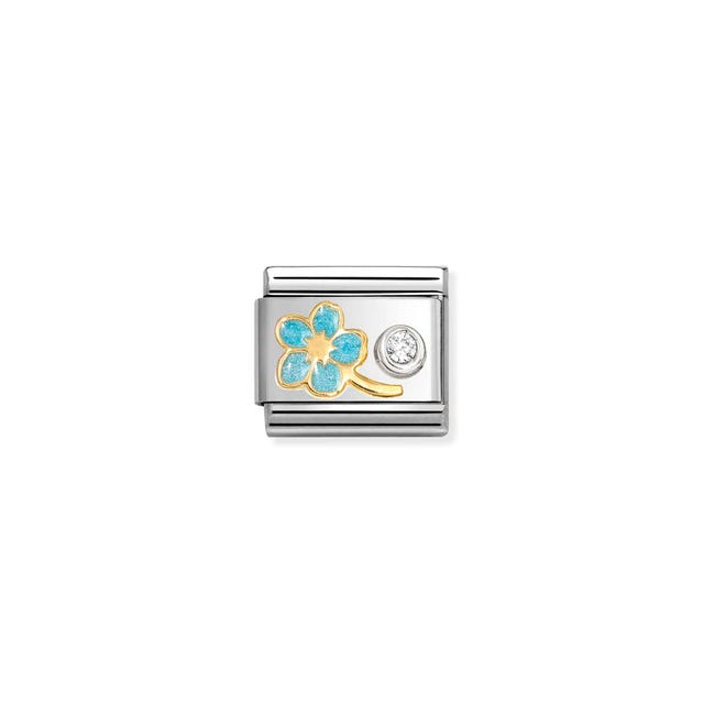 Nomination Composable Blue Flower charm with yellow gold and CZ accents, featuring a symbol design in sterling silver and gold finish.