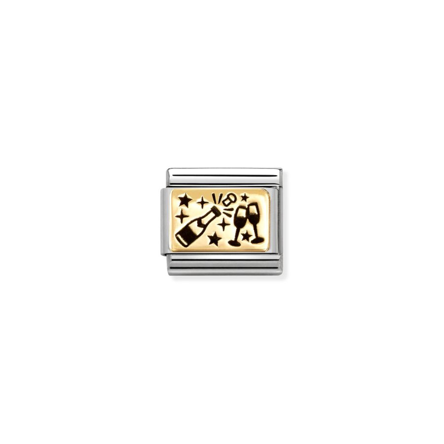 Nomination Composable Cheers Plate in 18k gold with engraved design, showcasing the elegant jewelry piece in a close-up view.