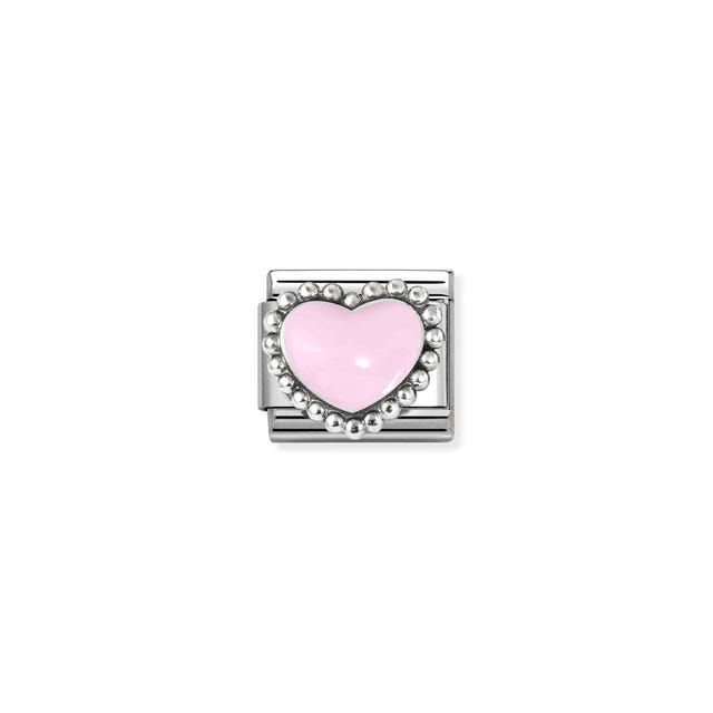 Nomination Composable pink heart charm with dot pattern, jewelry accessory for bracelets or necklaces, featuring a delicate heart design.