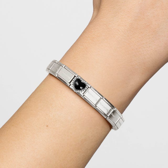 Nomination Composable black heart charm with dotted design, silver jewelry piece for bracelets or necklaces.