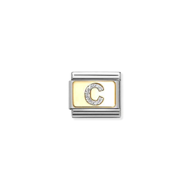 Nomination Composable Glitter Letter C charm showcasing a sparkling gold letter for jewelry or bracelet customization.