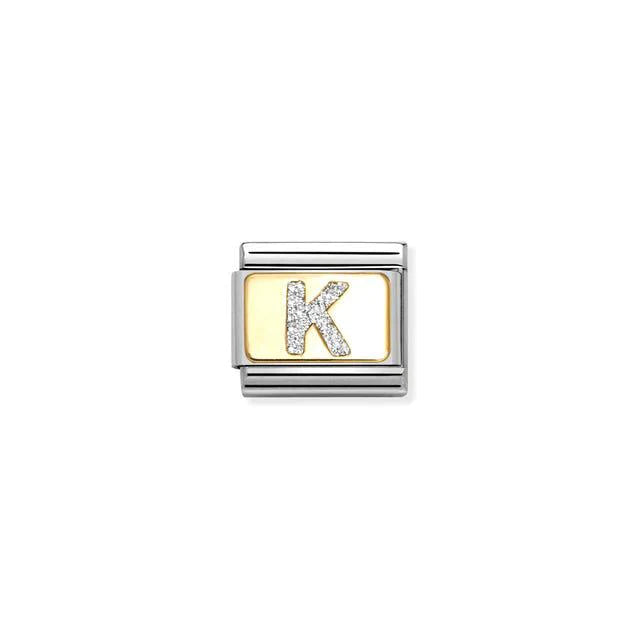 Nomination Composable Glitter Letter K jewelry charm with sparkling gold finish on a white background