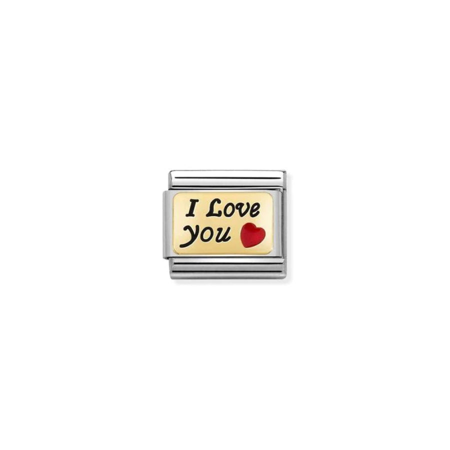 Nomination Composable Classic Plate featuring "I Love You" engraved design, made of silver-tone metal with decorative details.