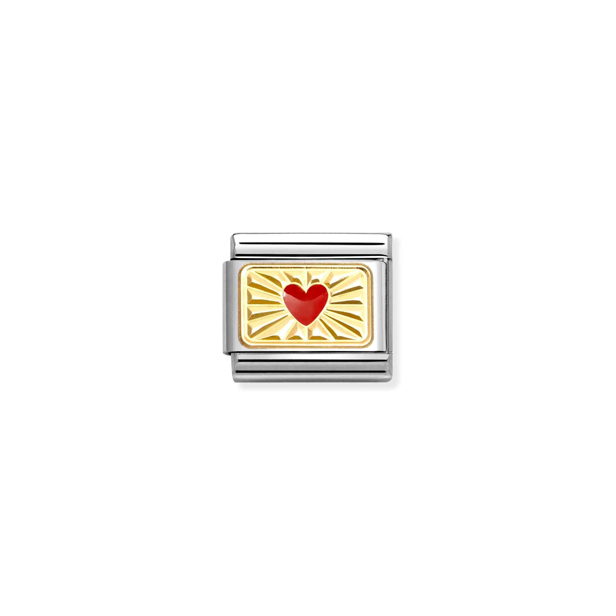 Nomination Composable Etch Red Heart Plates in 18ct yellow gold and sterling silver, featuring a textured etched heart design.