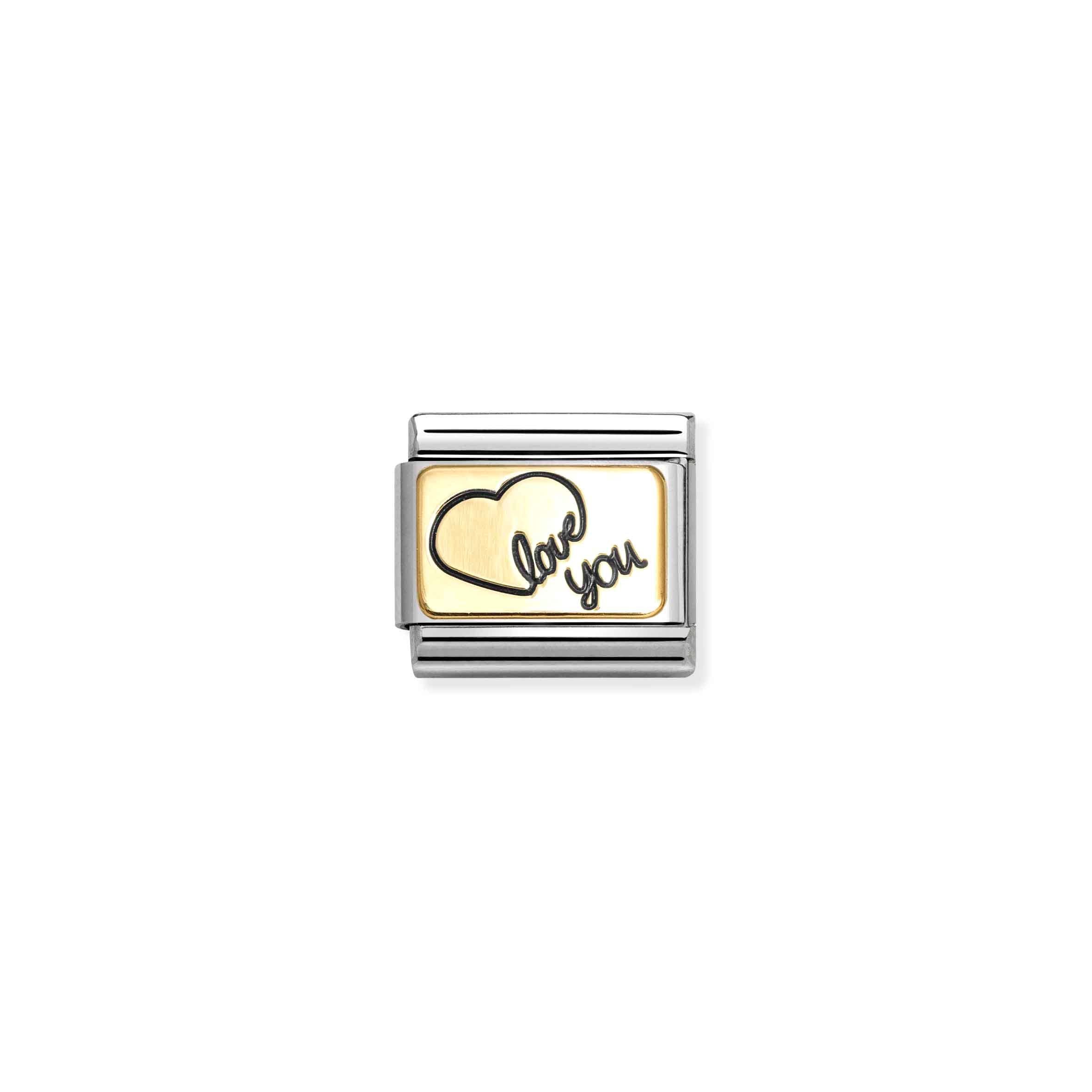 Nomination Composable Love You Heart Plates in 18ct yellow and white gold, featuring heart-shaped jewelry plates with "Love You" engraving.