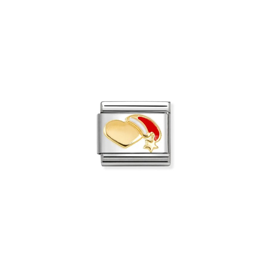Gold Nomination Composable Heart charm with red hat symbol, crafted in 18k gold, featuring detailed design and polished finish.