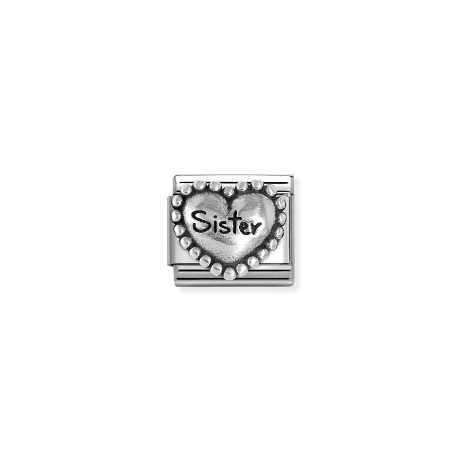 Nomination Composable Sister Heart pendant with dots and ox symbol in 925 sterling silver, showcasing detailed jewelry craftsmanship.