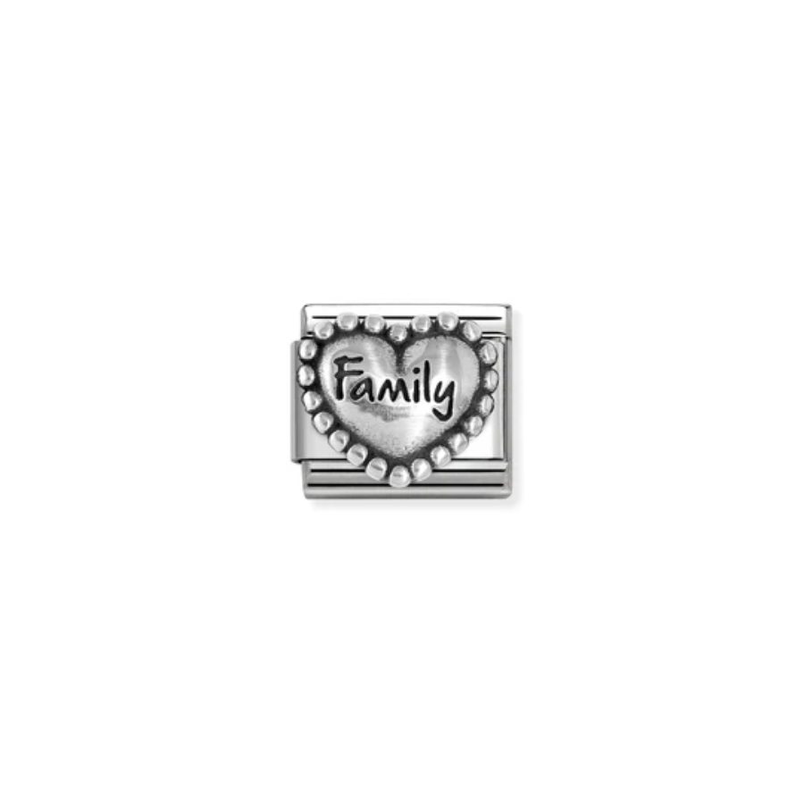Nomination Composable Family Heart charm with dots and ox symbol, crafted in silver for personalized jewelry.