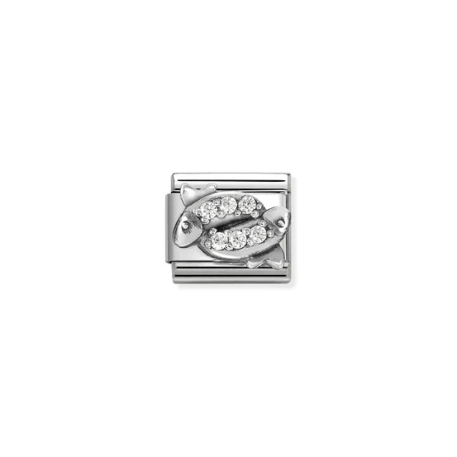 Silver Nomination Composable Pisces Zodiac charm featuring detailed fish design and zodiac symbol on a polished surface.