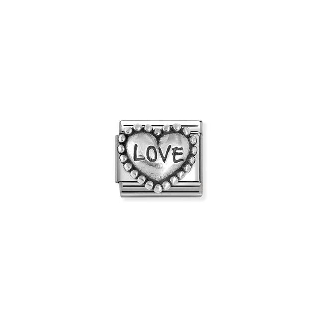 Nomination Composable Love Heart charm with dots and oxidized finish, featuring a romantic heart symbol and intricate design details.