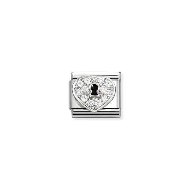 Nomination Composable Padlock Symbol CZ jewelry charm with cubic zirconia, featuring a detailed lock design in silver tone.