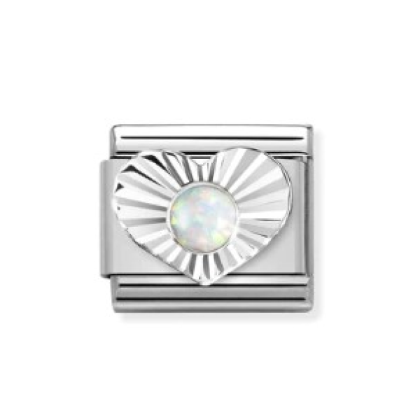Nomination Composable Link Heart charm with white opal stone in sterling silver, showcasing detailed craftsmanship and elegant design.