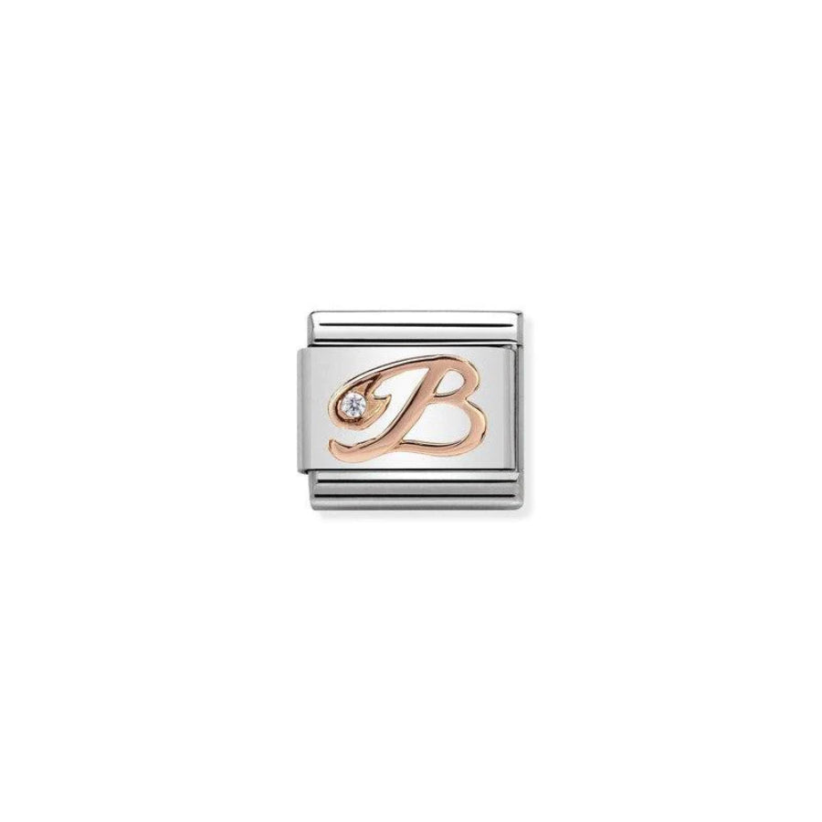 Nomination Composable Classic Rosegold Letter B charm, shiny rose gold jewelry piece with engraved letter B.