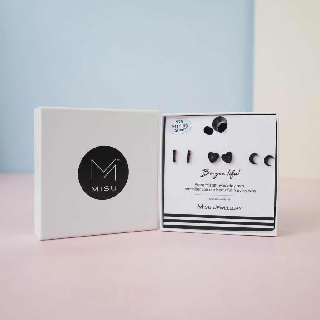 Set of three MISU 925 sterling silver midnight stud earrings featuring simple, elegant designs for everyday wear.