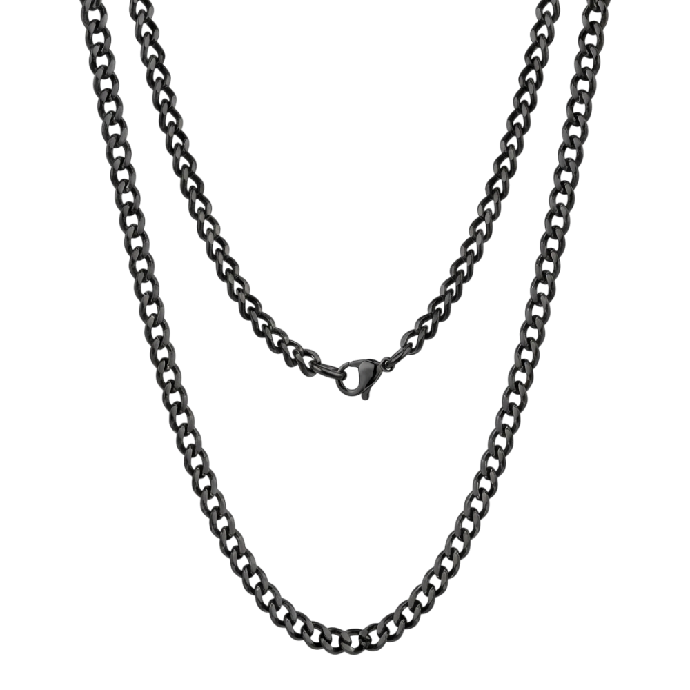 Black 5mm Cuban link steel necklace by ARZ Steel, showcasing a sleek, durable jewelry piece with a polished finish.