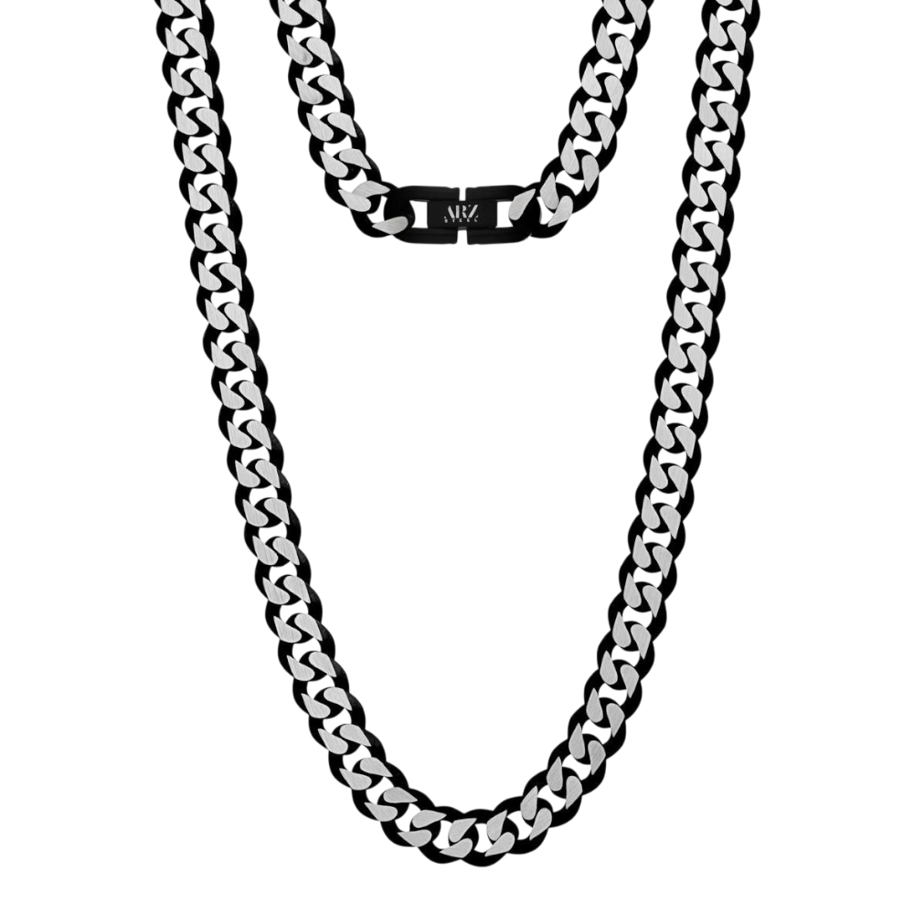 ARZ Steel 8mm black and steel Cuban link necklace showing the detailed chain links and contrasting colors.
