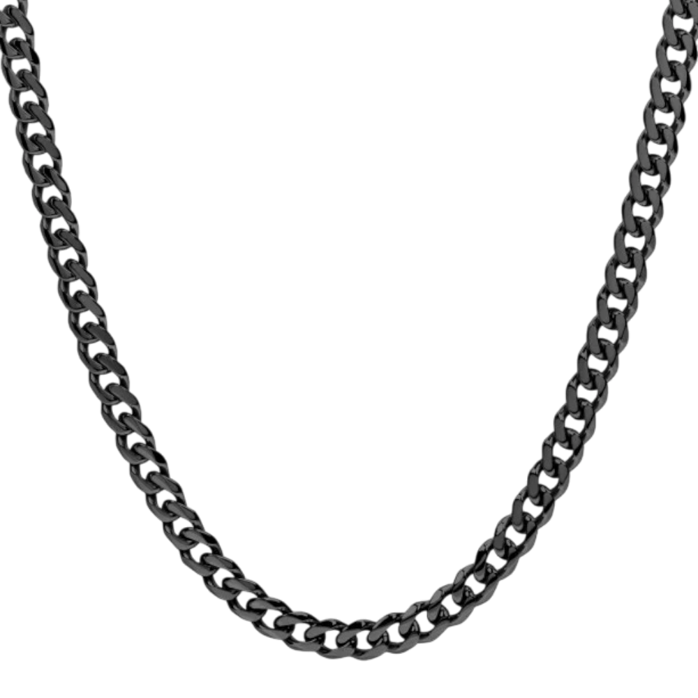 ARZ Steel black Cuban link chain necklace, 20-inch length, with a bold and shiny steel finish, displayed on a white background.