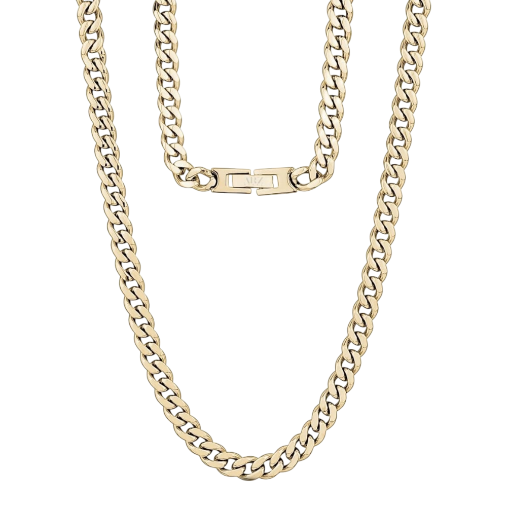 ARZ Steel 6mm gold Cuban link necklace with thick, intertwined chain design, shiny finish, and secure clasp.
