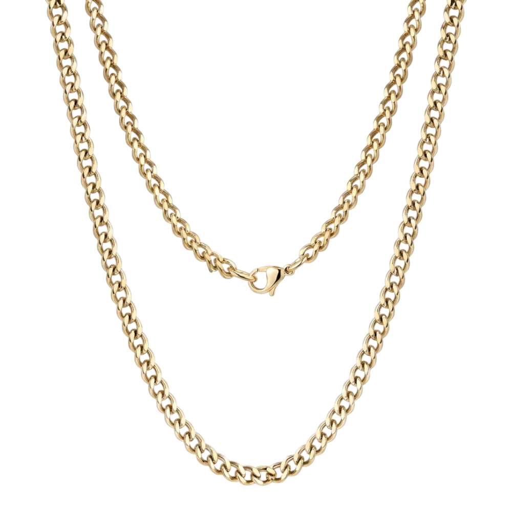 ARZ Steel gold steel Cuban link necklace with a 20-inch chain, showcasing a shiny, sturdy design suitable for stylish wear.