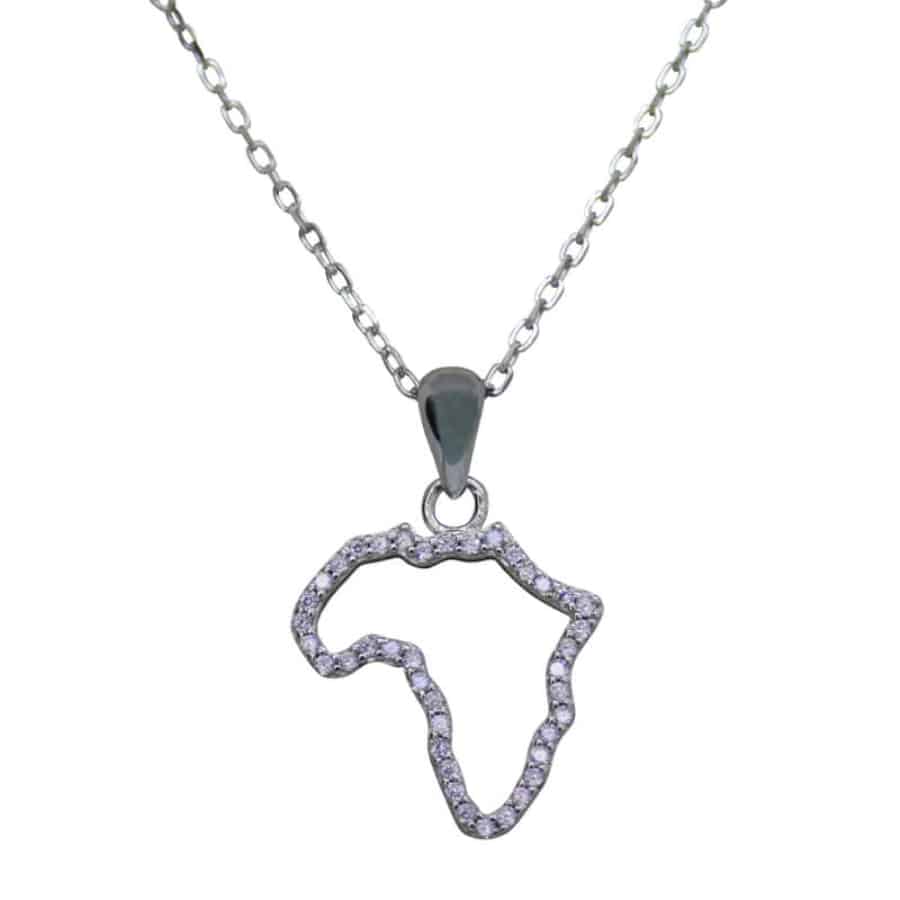 MISU 925 Sterling Silver Necklace with Africa-shaped CZ pendant, showcasing intricate design and sparkling gemstone details.