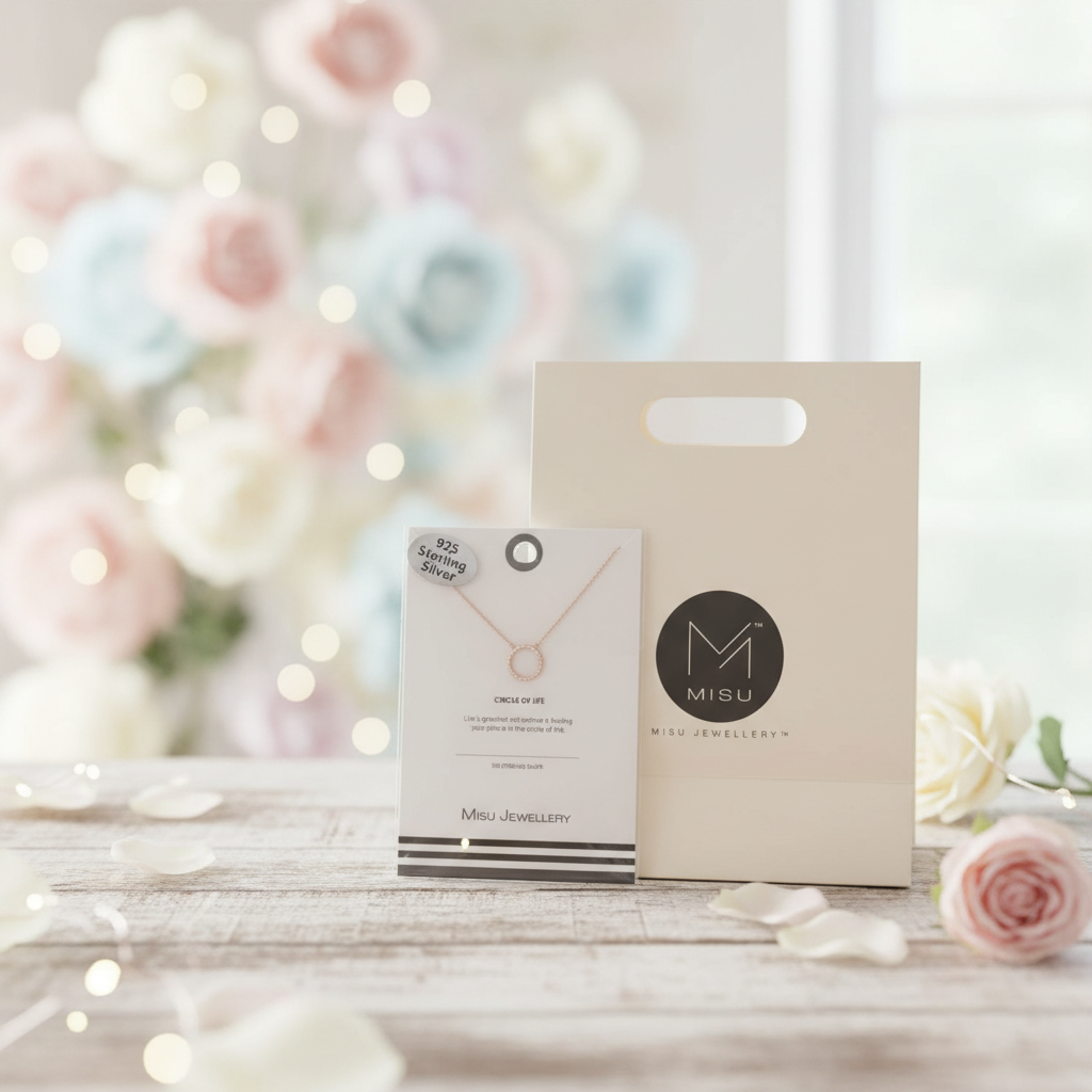 Misu Rose Gold Necklace with CZ circle pendant, showcasing a delicate and elegant jewelry design.