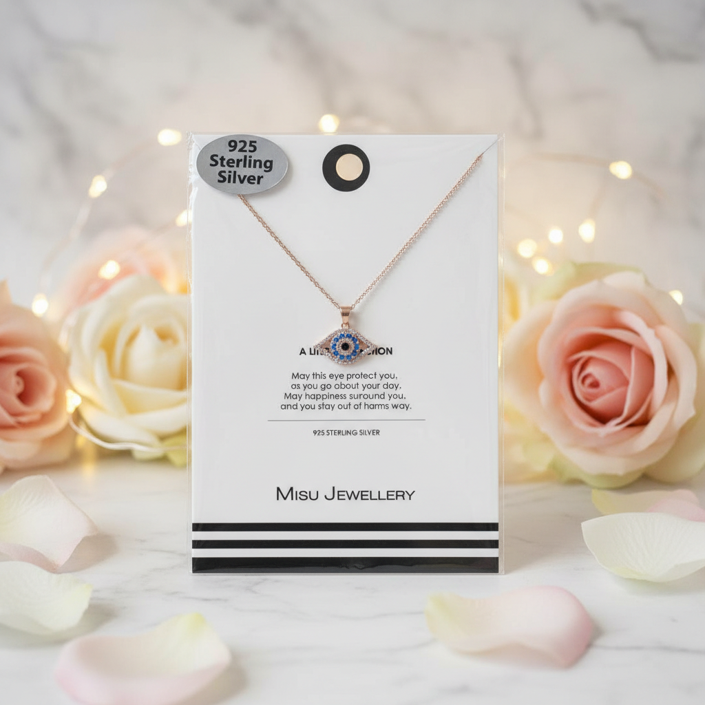 Misu Rose Necklace Protect Me with pink rose pendant and silver chain, elegant jewelry accessory for women.