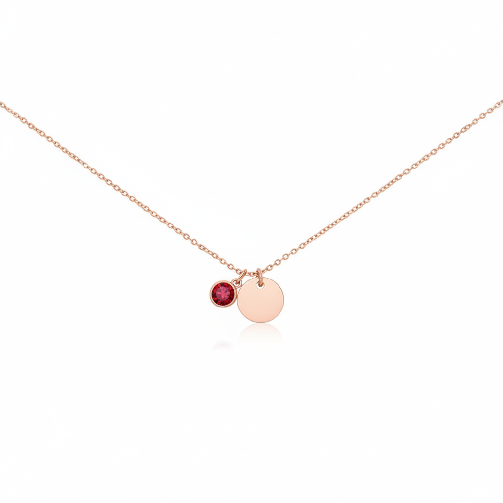 Misu rose gold necklace featuring a birth month garnet pendant for January, with a delicate chain and elegant design.