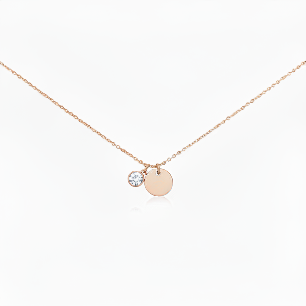 Misu Rose Gold Necklace featuring a birth month April diamond pendant on a delicate chain.
