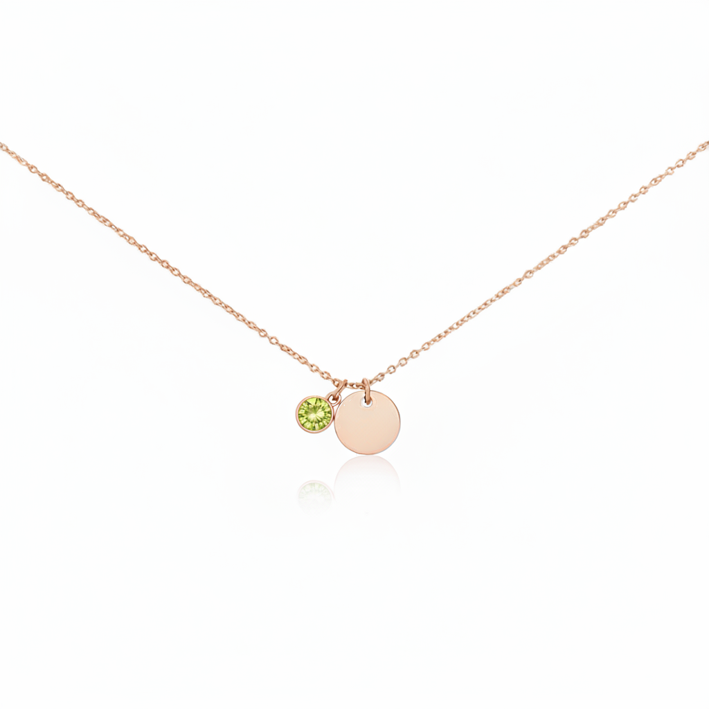 Misu Rose Gold Necklace with August birthstone Peridot, featuring a delicate chain and a birth month pendant.