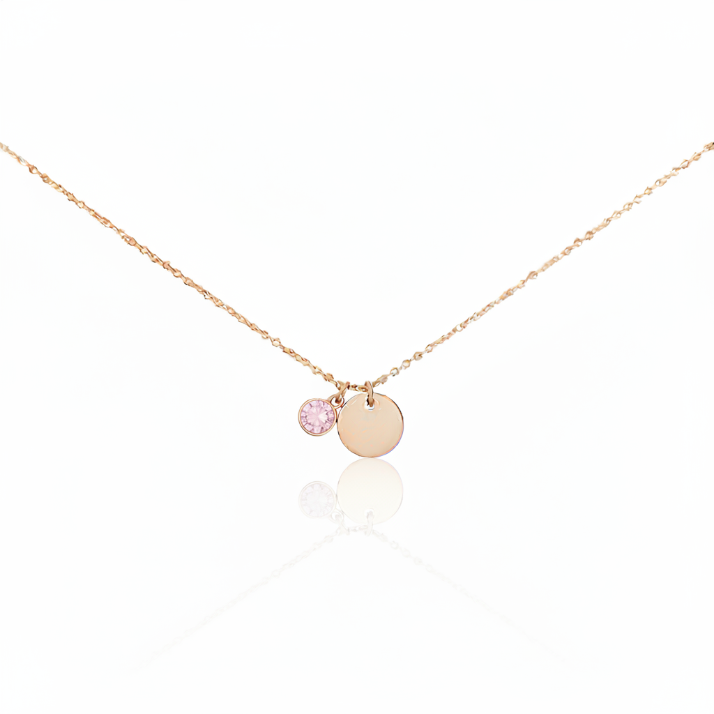 Misu Rose Gold Necklace featuring October birthstone Tourmaline, delicate chain with a rose gold pendant.