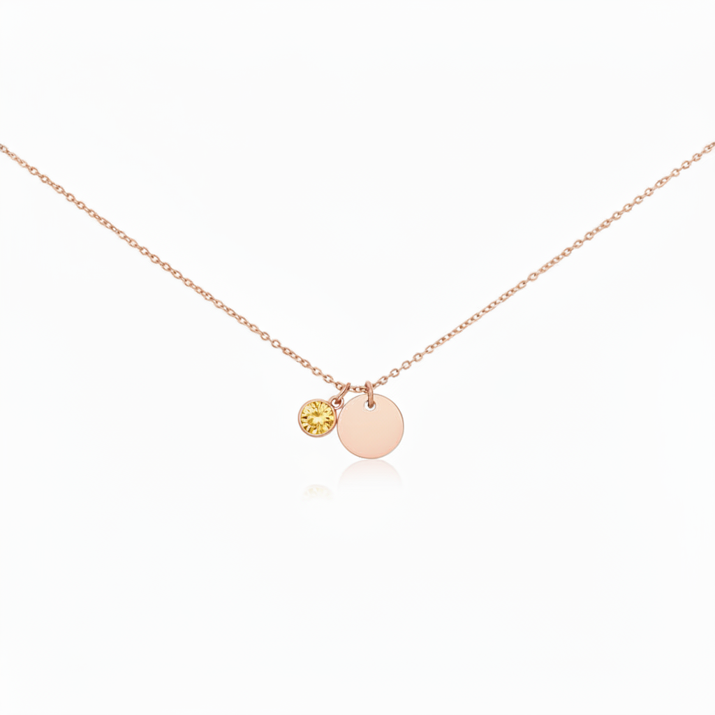 Misu Rose Gold Necklace featuring November birth month Citrine pendant, delicate chain with a polished, elegant design.