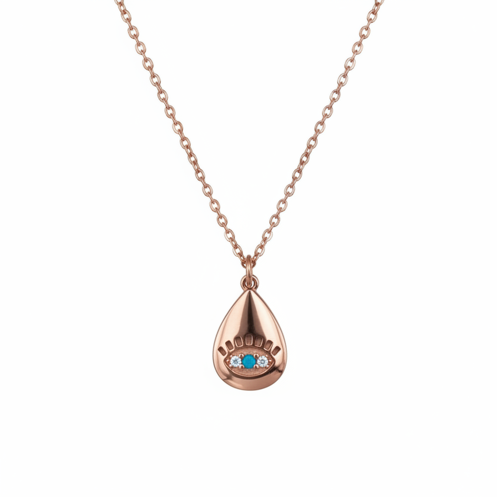 Misu Rose Gold Eye of You Necklace featuring a delicate eye-shaped pendant on a rose gold chain, stylish and elegant jewelry piece.