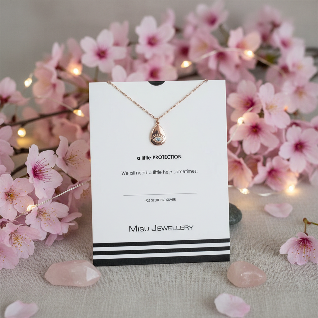 Misu Rose Gold Eye of You Necklace featuring a delicate eye-shaped pendant on a fine chain, lying flat against a neutral background.