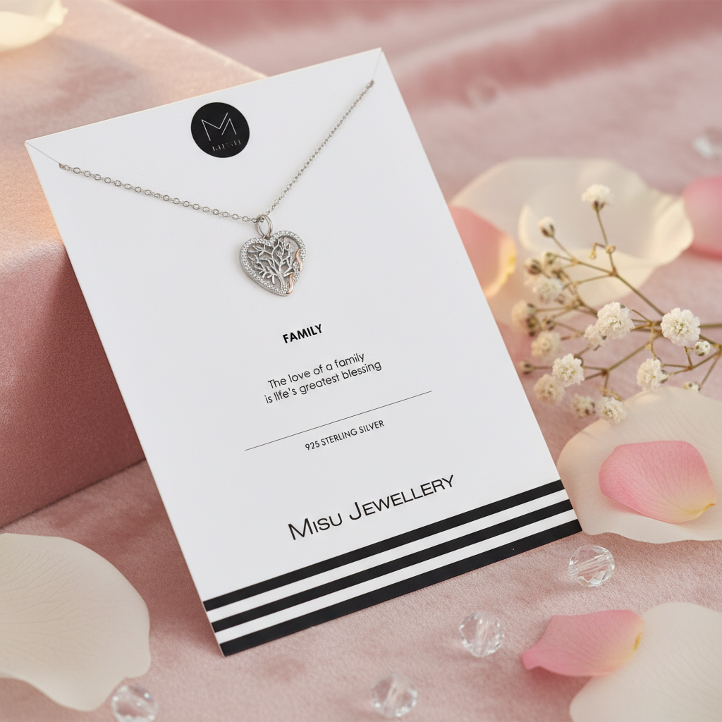 Sterling silver family forever necklace with interconnected heart pendants, crafted by Misu.