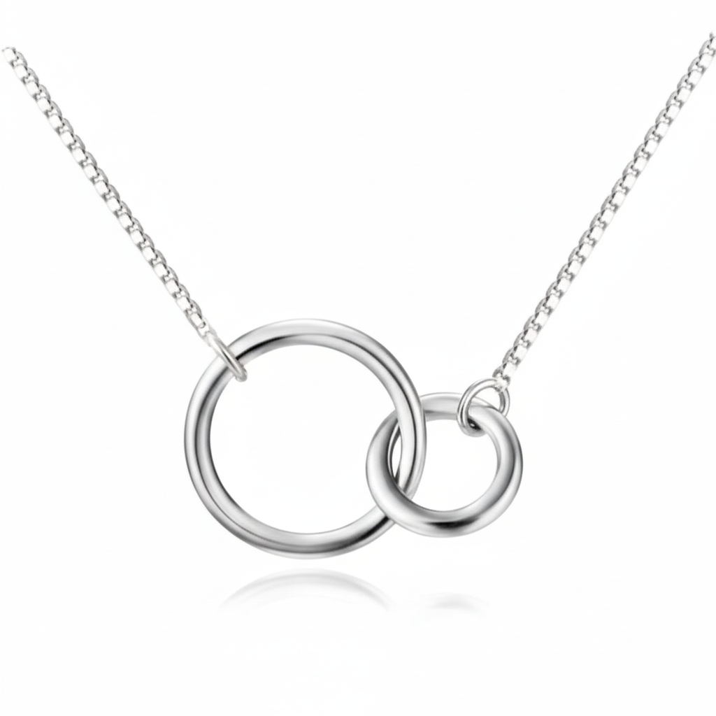MISU 925 Sterling Silver Double Circle Necklace featuring two interconnected circular pendants, stylish and elegant jewelry accessory.