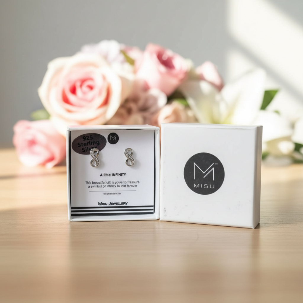 MISU 925 sterling silver earrings with an infinity love design, featuring elegant silver craftsmanship and intricate detailing.