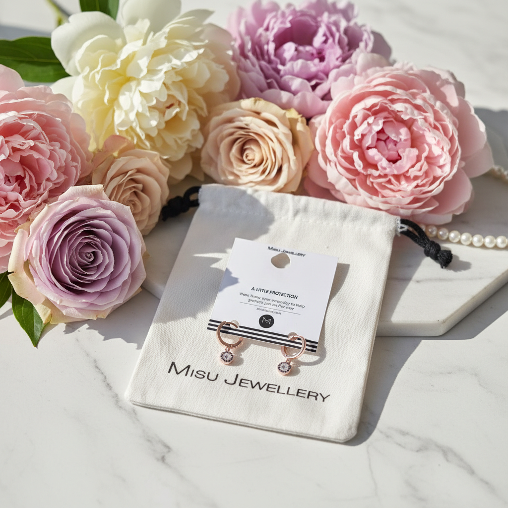 Misu rose gold eye hugger earrings with a sleek, minimalist design shown on a white background