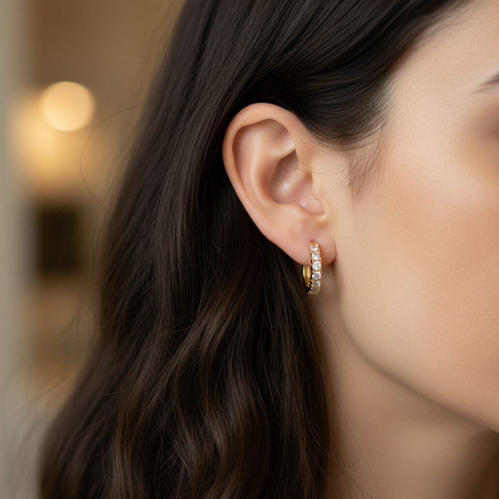 Lab grown diamond 9ct yellow gold huggie earrings with sparkling round-cut stones.