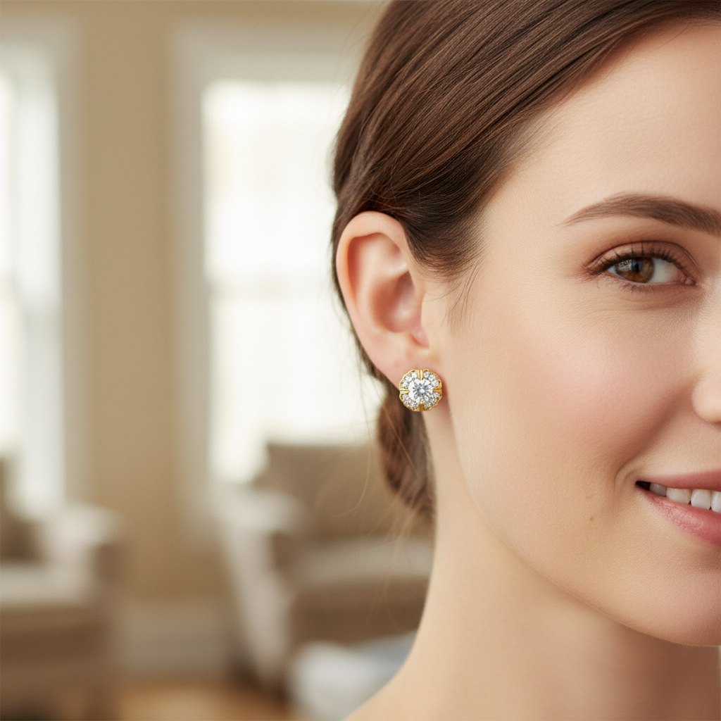 Lab Grown Diamonds 9CT yellow gold petal earrings featuring intricate floral design and sparkling diamond accents.