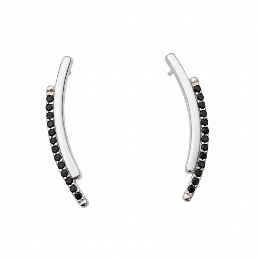 Sterling silver Misu ear climber drops with black accents, stylish and elegant jewelry for pierced ears.