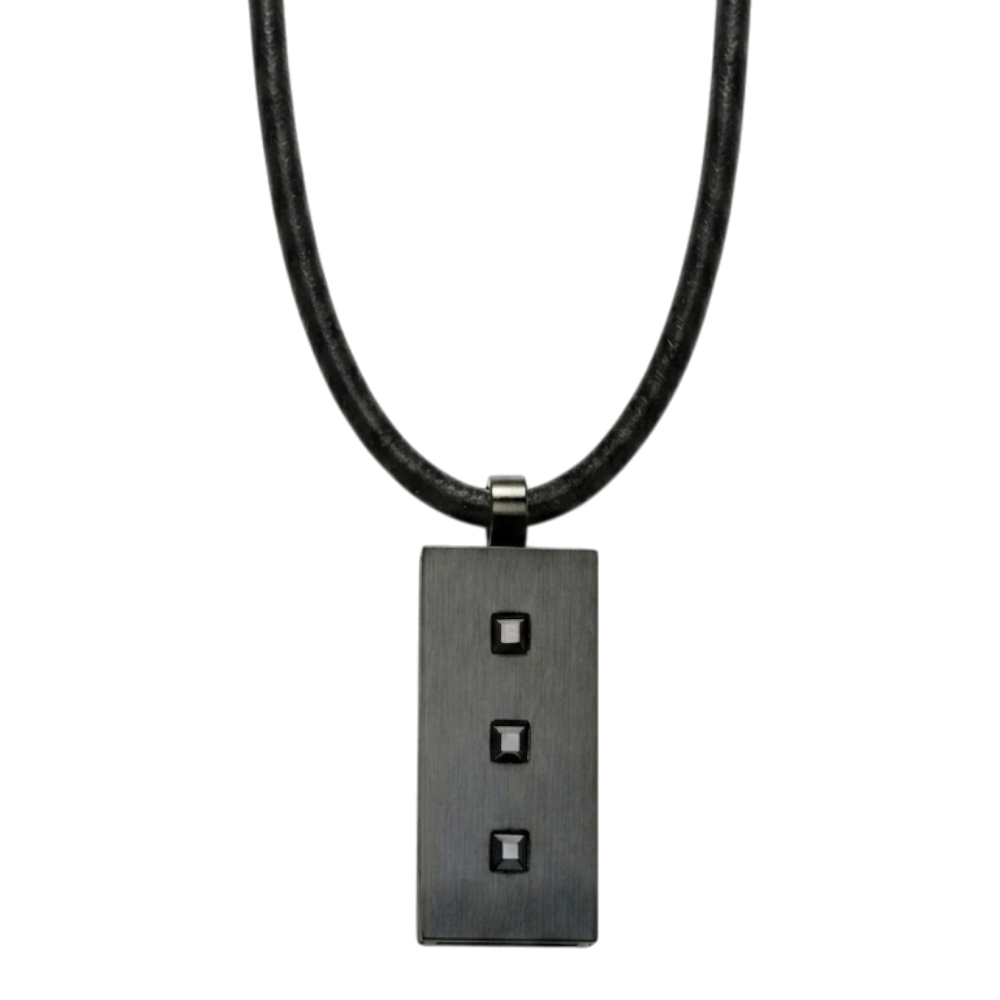 Black rectangular ARZ Steel pendant dog tag with engraved details, hanging on a chain.