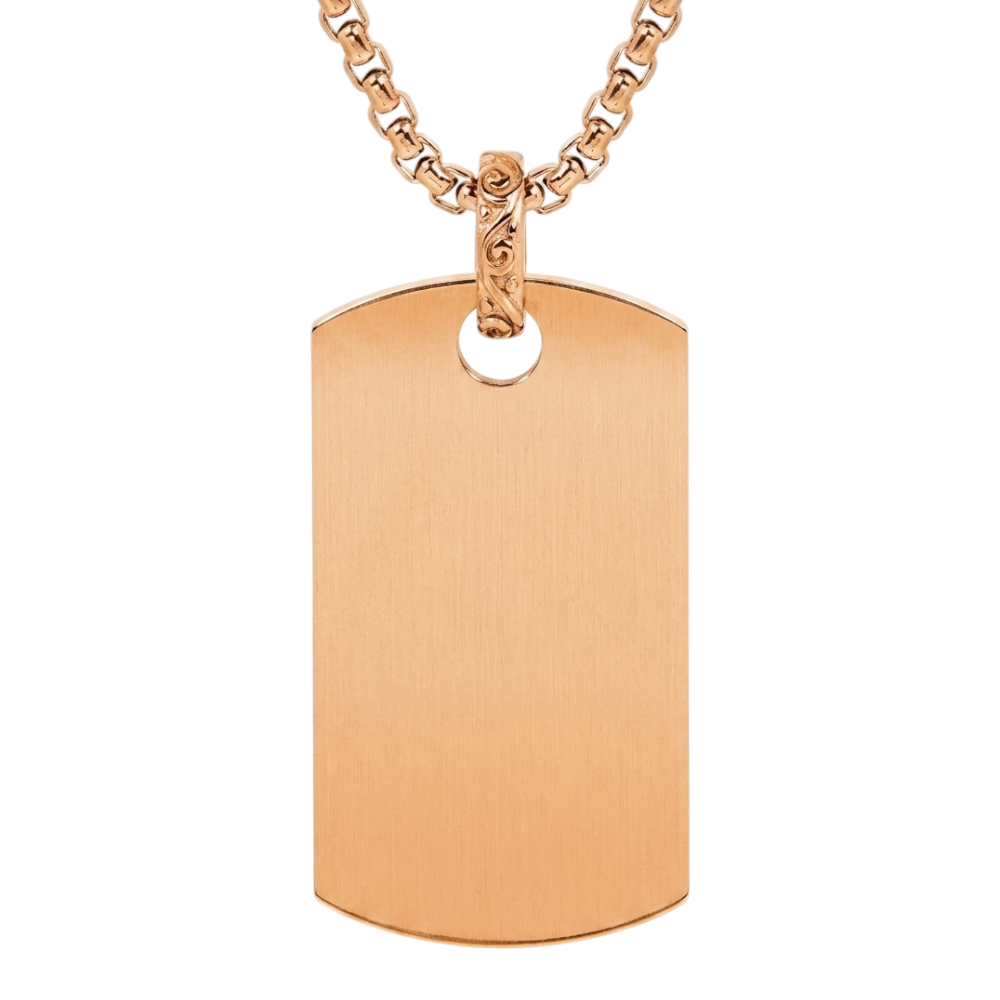 Rose gold ARZ Steel pendant dog tag with chain, featuring a sleek and modern design for stylish jewelry.