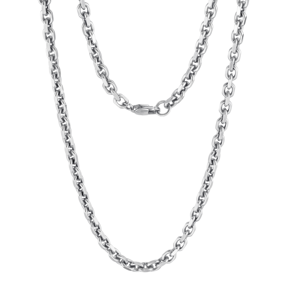 ARZ Steel 5mm oval link necklace with cutting edges, showcasing a sleek, durable steel jewelry piece with intricate link design.