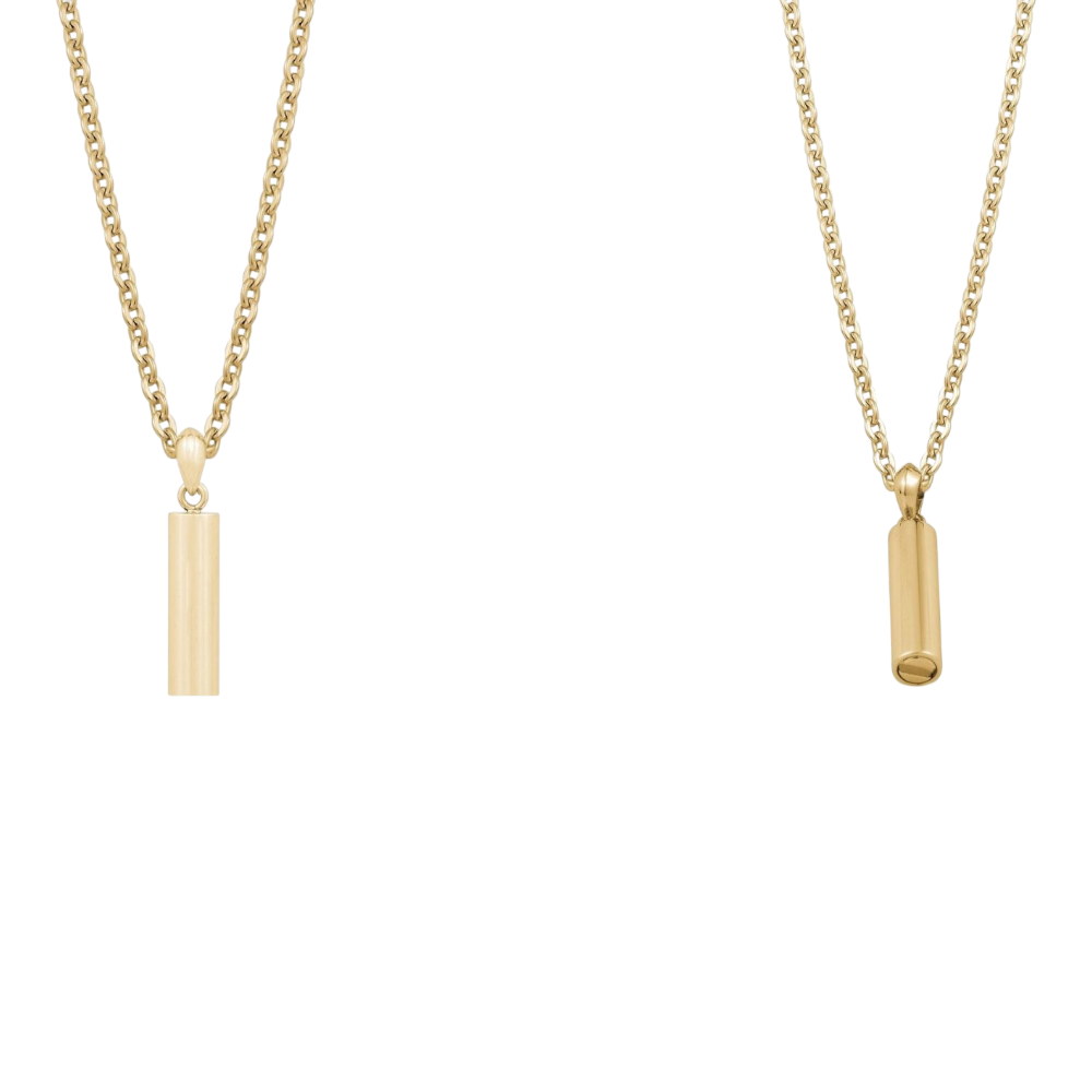 ARZ Steel gold steel cremation pendant with engravable surface, featuring a sleek teardrop shape and polished finish.